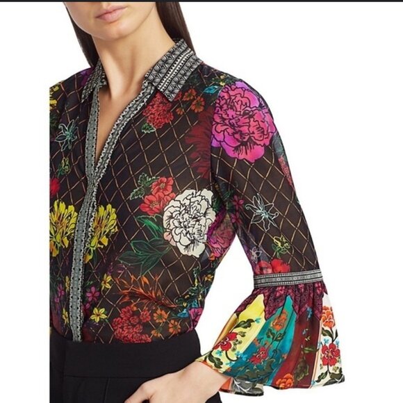 Alice + Olivia Rivera Floral & Diamond Print Silk- Blend Bell Sleeve Blouse - Picture 1 of 6